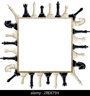 Quadratische Rahmenvorlage für Aquarelle Schachfiguren mit Platz für Text. Handgezeichneter Clipart für Sport-, Spiele- und Hobbydesigns. Stockfoto