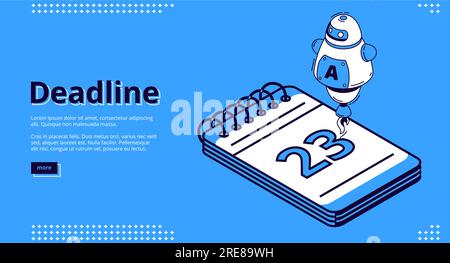 Isometrische Zielseite für Termin, großer Notizblock-Kalender mit impotentem Datum oder Fälligkeit und künstlicher Intelligenz-Roboter. Zeitmanagement und Arbeitsorganisation 3D-Vektorzeichnungen-Webbanner Stock Vektor