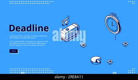 Banner „Frist“. Konzept eines wichtigen Ereignisses zum Fälligkeitsdatum und zur Countdown-Rechnung. Vektor-Landing-Page des Projekttermins, Timer-Benachrichtigung mit isometrischem Uhrsymbol, digitaler Uhr und Diagramm Stock Vektor
