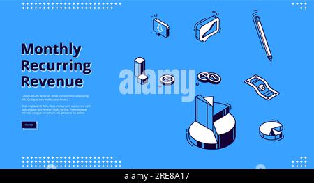 Monatlich wiederkehrender Umsatz, isometrische mrr-Landing-Page. Tortendiagramm, Stift, Münzen und Geldschein in Papierform auf blauem Hintergrund. Budget- und Einkommensberechnung, Ergebnisanalyse 3D Vektorlinien Webbanner Stock Vektor