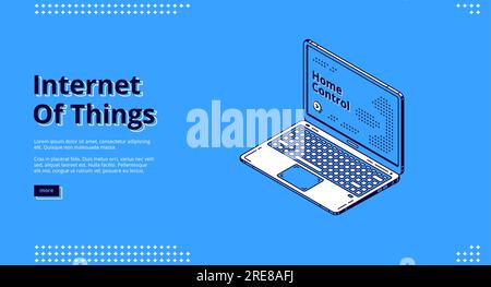 Isometrisches Webbanner für das Internet der Dinge. Laptop mit Beschriftung für Home Control auf dem Bildschirm, Smart House, iot-Technologie für Home Control,. 3D-Vektordarstellung, Strichgrafiken, Landing-Page Stock Vektor