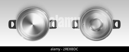 Stahltopf, Kochpfanne, Draufsicht. Leerer Metalltopf mit Kunststoffgriffen, der mit Deckel geöffnet und geschlossen wird. Auflaufschale aus Edelstahl isoliert auf weißem Hintergrund. Küchenutensil realistisches 3D-Vektormodell Stock Vektor
