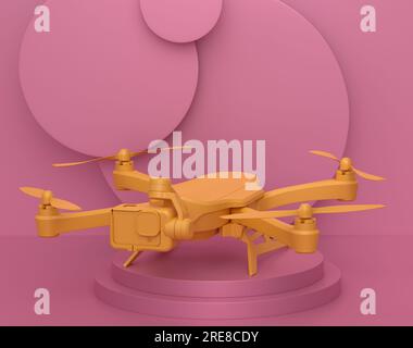 Abstrakte Szene oder Podium mit Drohne oder Quad-Hubschrauber mit Action-Kamera auf einfarbigem Hintergrund. 3D-Rendering der Szene für Produktpräsentation Personal A Stockfoto