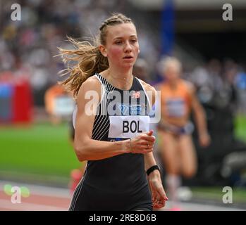 London, England. 23. Juli 2023. Femke Bol erzielt einen Diamond League-Rekord von 51,45 Sekunden in den 400 Meter langen Frauenhürden der London Diamond League Stockfoto