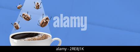 Kunstcollage aus Kaffeebohnen mit unterschiedlichen Emotionen fliegt in eine Tasse Kaffee auf blauem Hintergrund mit Lichtimitation. Stockfoto