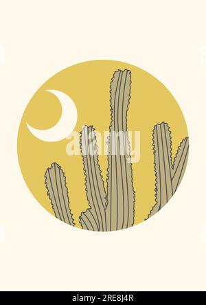 Abstrakte zeitgenössische ästhetische Wüstenlandschaft mit Kakteen. Stock Vektor