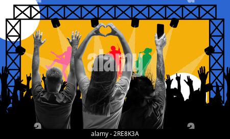 Fröhliche junge Leute, die ein Live-Konzert besuchen, glücklich und aufgeregt sind. Tanzen und singen. Collage für zeitgenössische Kunst. Stockfoto