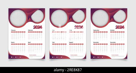 Ein moderner Wandkalender mit abstraktem Farbverlauf für 2024, auf jeder Seite stehen vier Monate und Daten Stock Vektor