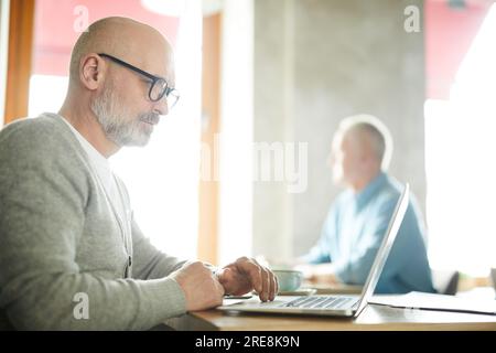 Seriöser, konzentrierter männlicher Freiberufler mit Bart und Schnurrbart, der am Tisch sitzt und an einem öffentlichen Ort mit einem Laptop arbeitet Stockfoto