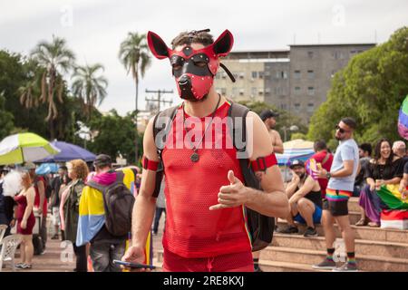 Goiania, Goias, Brasilien – 25. Juni 2023: Eine Person, die während der Gay Pride Parade in Goiania eine Maske trägt. Stockfoto