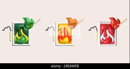 3D Abbildung: Brennendes Streichholz mit Feuer, geöffnete Streichholzschachtel, verbrannter Streichholzstock. Brennen und verwelken Stock Vektor