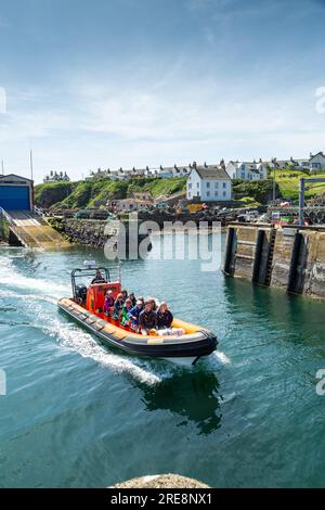 Eine Gruppe von Touristen, die sich auf eine Besichtigungstour in einem Schlauchboot vom Hafen von St Abbs begeben. Stockfoto