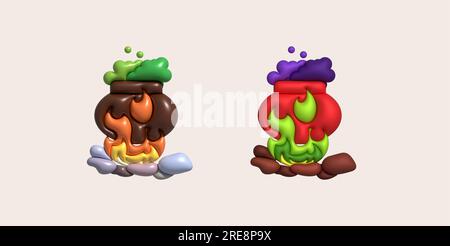 3D Abbildung. Hexenkessel mit Blasen auf Feuer und Stein für halloween Stock Vektor