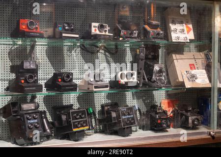 Kuala Lumpur, Malaysia - Juni 30,2023 : verschiedene Arten von polaroid-Landkameras, die auf dem Schauschrank im Oldtimer-Kameramuseum zu sehen sind. Stockfoto