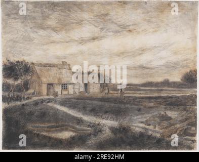 Titel: Landschaftsbild mit Hof in der Nähe von Etten (Provinz Nordbrabant) Künstler: Vincent van Gogh Datum: c. 1881 Medium: Stift, schwarze Kreide, Stift und Pinsel und braune und schwarze Tinte, braun-grau, mit schwarzer Tinte gespritzt, Oberfläche an einigen Stellen zerkratzt Abmessungen: 45,5 x 54,5 cm Lage: Museum Boijmans Van Beuningen, Rotterdam, Niederlande Stockfoto