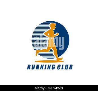 Laufverein-Ikone oder Marathon-Rennsport, Vektorlogo der Läufer-Mann-Silhouette. Sprint Run oder Marathon Challenge und Triathlon Distance Running oder Jogging Sport Club Schild für sportliche Laufaktivität Stock Vektor