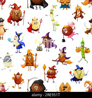 Cartoon-Figuren aus Halloween-Nuss und -Bohnen mit nahtlosem Muster. Stoffvektormuster oder -Aufdruck mit Teufelskürbis, Kaffeebohne, Pistazien- und Walnussmagie, Kokosnuss, Sonnenblumen-Zombie lustige Persönlichkeit Stock Vektor