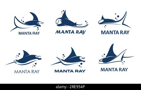 Mantarochen Tiersymbole, Stachelrochen oder Stachelrochen Fische auf Wasserwellen mit Blasen, Vektorzeichen für die Gesellschaft. Mantarochen-Symbole für Marinemarke, Yachtsportclub oder Meer- und Ozeanurlaub-Resort-Schild Stock Vektor