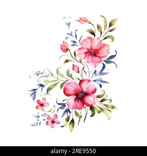 Set mit Blumenzweig. Blütenrosa und blaue Rose, grüne Blätter. Hochzeitskonzept mit Blumen. Blumenposter, einladen. Vektorvorbereitungen für die Begrüßung Stock Vektor