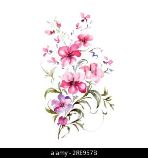 Set mit Blumenzweig. Blütenrosa und blaue Rose, grüne Blätter. Hochzeitskonzept mit Blumen. Blumenposter, einladen. Vektorvorbereitungen für die Begrüßung Stock Vektor