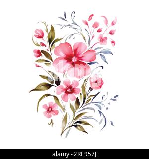 Set mit Blumenzweig. Blütenrosa und blaue Rose, grüne Blätter. Hochzeitskonzept mit Blumen. Blumenposter, einladen. Vektorvorbereitungen für die Begrüßung Stock Vektor