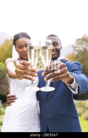 Frohe afroamerikanische Braut und Bräutigam mit Champagner im sonnigen Garten, Kopierbereich Stockfoto