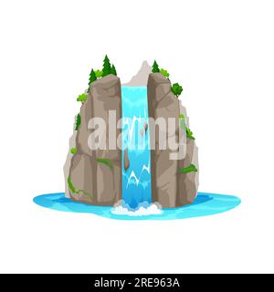 Cartoon-Wasserfall und Wasserkaskade des Flusses in Bergfelsen, Vektorbach-Naturszene. Wasserfall Bach mit fallendem Wasser vom Hügel, der westlichen Wüste von Texas und dem Arizona Mountain River Stock Vektor