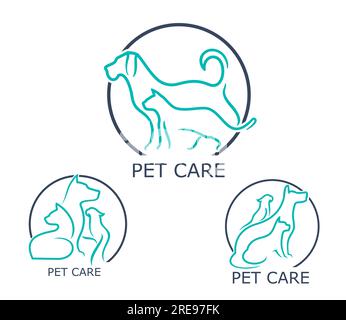 Symbole für Tierkliniken, Symbole für Tierärzte. Haustierärztlicher Dienst, Haustierarzt Krankenhaus oder Klinik Vektor Symbol. Tierarzt-Zeichen oder -Symbol mit der Silhouette von Katze, Hund und Papagei Stock Vektor
