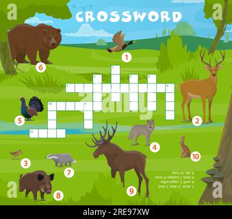 Kreuzworträtsel-Quiz. Waldjagd auf Tiere und Vögel. Kreuzworträtsel-Quiz, Wörtersuche Rätsel-Vektor-Arbeitsblatt oder Wortschatz-Spielaktivitäten mit Bären, Enten, Zwergkörpern, Hirschen und Wolf, Hasentieren Stock Vektor