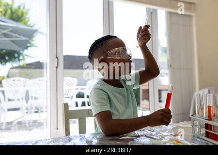 Fokussierter afroamerikanischer Junge, der ein Chemie-Experiment macht und sich ein Reagenzglas im sonnigen Wohnzimmer anschaut Stockfoto