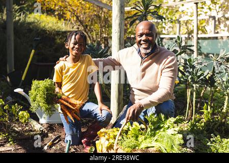 Porträt eines glücklichen afroamerikanischen Großvaters und Enkels, der Gemüse im Garten sammelt Stockfoto
