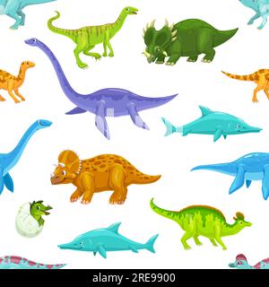Niedliche Cartoons mit Wasser- und Landdinosauriern, nahtloses Muster. Nahtloser Stoffvektor-Druck mit Raptor, Centrosaurus, Triceratops und Lambeosaurus, Plesiosaurus, Elasmosaurus Dino Personage Stock Vektor