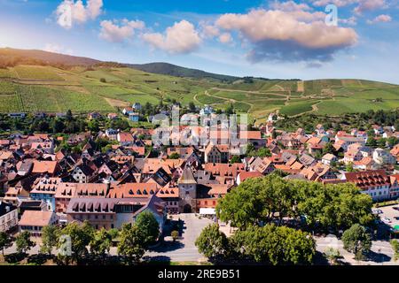 Traditionelles Fachwerkhaus in Turckheim, Elsass, Frankreich. Eine der berühmten Städte im Elsass, malerische Route in der Nähe von Colmar, Frankreich. Farbenfrohes traditionelles fre Stockfoto