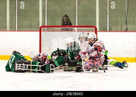 New England Warriors gegen Spaulding Boston Shamrocks beim Hero's Cup Hockey Turnier Stockfoto