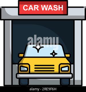 Eine Cartoon-Autowaschanlage mit einem gelben Auto vor der Tür Stock Vektor
