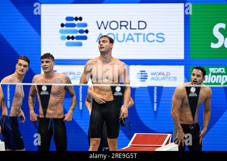 Fukuoka, Japan. 26. Juli 2023. FUKUOKA, JAPAN - JULI 26: Nyls Korstanje aus den Niederlanden und Arno Kamminga aus den Niederlanden, nachdem sie am 13. Tag der Fukuoka 2023 World Aquatics Championships auf der Marine Messe Fukuoka Hall A am 26. Juli 2023 in Fukuoka, Japan, an der gemischten 4x100 m Medley Relay teilgenommen haben. (Foto: Nikola Krstic/BSR Agency) Kredit: BSR Agency/Alamy Live News Stockfoto