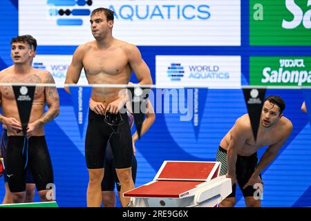 Fukuoka, Japan. 26. Juli 2023. FUKUOKA, JAPAN - JULI 26: Nyls Korstanje aus den Niederlanden und Arno Kamminga aus den Niederlanden, nachdem sie am 13. Tag der Fukuoka 2023 World Aquatics Championships auf der Marine Messe Fukuoka Hall A am 26. Juli 2023 in Fukuoka, Japan, an der gemischten 4x100 m Medley Relay teilgenommen haben. (Foto: Nikola Krstic/BSR Agency) Kredit: BSR Agency/Alamy Live News Stockfoto