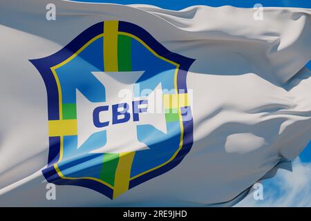 LONDON, Vereinigtes Königreich - Juli 2023: Logo der brasilianischen Nationalmannschaft auf einer fliegenden Flagge. 3D-Rendering Stockfoto