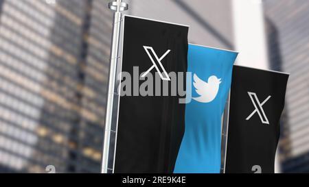 San Francisco, USA, Juli 21 2023: Drei vertikale Banner mit dem Logo von X und dem früheren Logo von Twitter. Illustrationsredaktion 3D Illustration rend Stockfoto