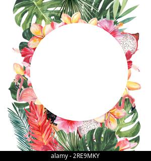 Leuchtend saftige Illustration zum Thema tropische Pflanzen und Strandurlaub. Runder Rahmen. Aquarell-Zeichnung von Hand auf weißem Hintergrund. Stockfoto
