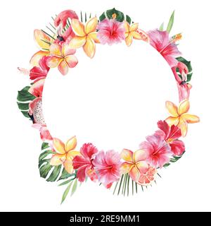 Leuchtend saftige Illustration zum Thema tropische Pflanzen und Flamingos. Runder Rahmen. Aquarell-Zeichnung von Hand auf weißem Hintergrund. Stockfoto