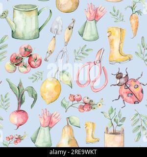 Nahtloses Aquarell-Muster. Gartenset. Handgezeichnete Illustration. Aquarell Gemüse und Obst. Garten. Blauer, weißer, gelber und grüner Hintergrund Stockfoto