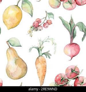 Nahtloses Aquarell-Muster. Gartenset. Handgezeichnete Illustration. Aquarell Gemüse und Obst. Garten. Blauer, weißer, gelber und grüner Hintergrund Stockfoto