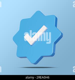 Aktivieren Sie das Kontrollkästchen für die Profilverifizierung für soziale Medien. Blaues verifiziertes Badge mit isoliertem Häkchen auf blauem Hintergrund. Quadratische Abbildung 3D Stockfoto