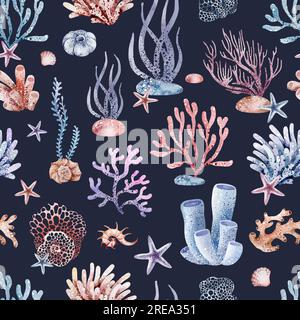 Meerestiere mit nahtlosen Mustern Meerestiere, Korallen, Pflanzen, Muscheln, Seesterne, kraken, Seepferdchen, Algen, Schildkröten. Aquarell Marinehintergrund. Stockfoto