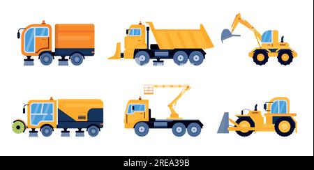 Straßenreinigungsgeräte in der Stadt. Moderner Straßenkehrwagen, Flurförderzeug für den Straßeneinsatz. Städtische Maschinen, Schneepflug Stock Vektor