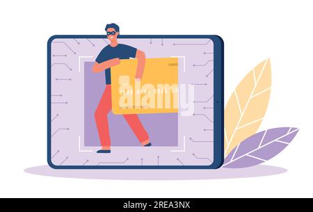 Kriminelle und Diebe hacken Computer und stehlen Daten und Geld. Online-Zahlungsbetrug, männlicher Charakter beim Maskenraub Stock Vektor