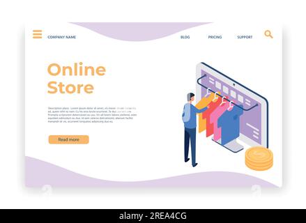 Isometrisches Online-Shopping. Ein Mann, der ein T-Shirt im Internet auf einem Desktop-Computer auswählt. Kunde kauft Kleidung im Geschäft Stock Vektor