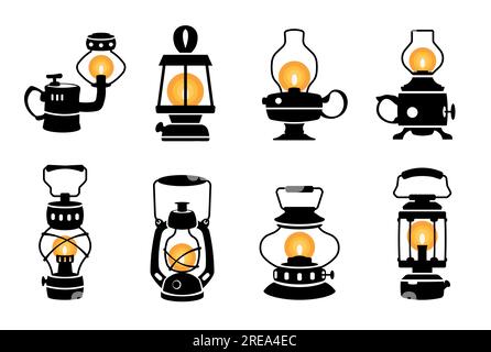 Laternen-Silhouette. Gaslampen mit schwarzem Petroleumbenzin im Vintage-Stil, einfarbige Nachtlichter im Retro-Stil mit flachem Halter Stock Vektor