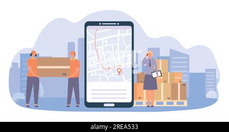 Online-Lieferservice. Smartphone mit gps-Navigation, man Lockenstäbe mit großem Paket, Manager am Telefon Stock Vektor